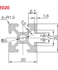 Technical diagram of Two 1000mm T Slot Aluminum Extrusion Rails European Standard Anodized Silver Linear Guide Rails for precise measurements.