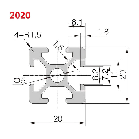 Technical diagram of Two 1000mm T Slot Aluminum Extrusion Rails European Standard Anodized Silver Linear Guide Rails for precise measurements.