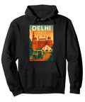 Delhi India Vintage Travel Poster Rickshaw Scene Pullover Hoodie in black with colorful graphic design for casual wear.