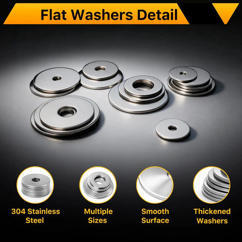 250 Piece Flat Washers Set In 304 Stainless Steel Fender Style 15 Sizes M3 M4 M5 M6 M8 M10 M12 Metric Metal Washers