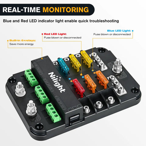 6 Way Fuse Relay Block With Acc Control Negative Bus 12V Blade Holder ATC ATO Box Waterproof Cover Panel For Automotive Cars Motorcycles RVs Vans Heavy Duty Electrical Distribution For All Rigs And Off Road Setups, with LED indicators