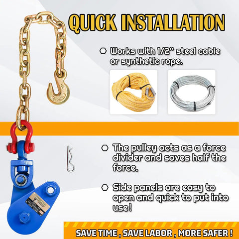 Upgraded Snatch Block With Chain Four Ton WLL Built Tough Heavy Duty Pulley For One Half Inch Wire Ropes Towing And Recovery Rollback Wrecker Car Carrier Tow Truck Accessories, blue hook