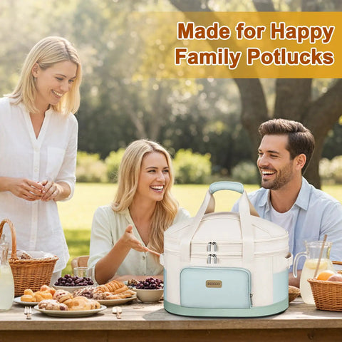 Heavy Duty Six To Eight Quart Slow Cooker Carry Bag With Double Layer Shell at a family potluck, designed for easy travel.