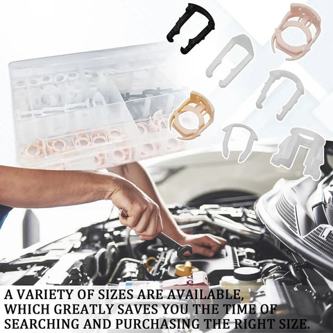 Mechanic using Fuel Line Retainer Clips Three Eighths And Five Sixteenths Inch Nylon Gas Tank Repair Kit With Seven Size Clamp Assortment Replacement Kit Compatible With Ford GM Chrysler 70 Piece Set