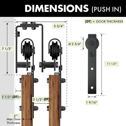 Black Rustic Double Track U-Shape Bypass Sliding Barn Door Hardware Kit dimensions diagram for three doors, 12ft flat track.