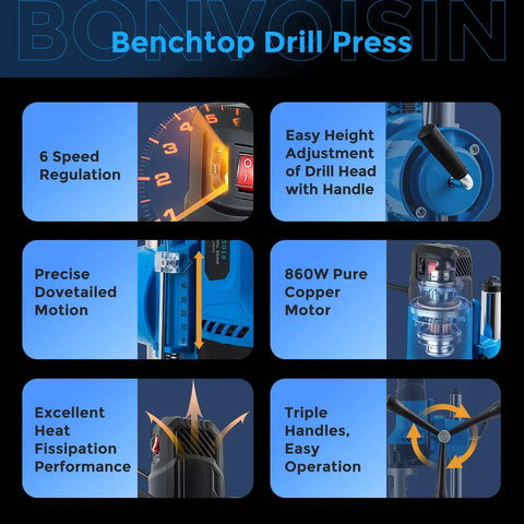 Benchtop Drill Press For Woodworking With Square Hole Mortising with features including 860W motor, speed regulation.
