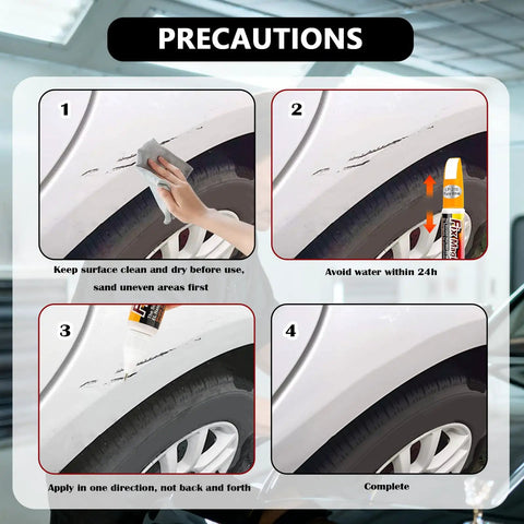 Steps showing 2-In-1 Car Touch Up Paint Pen With Brush And Nib For Quick Scratch Fixes in Black on car scratches