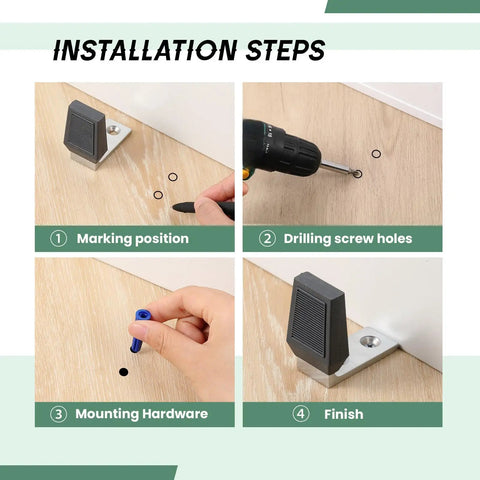 Installation steps for Four Pack Floor Door Stops Set Heavy Duty Floor Mounted Door Stoppers with Rubber Bumpers and screws.