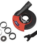 Adjustable Angle Grinder Dust Shroud With Swivel Hose Hookup And Slick Edge Guard Fits 115 To 125 Mm Tools with mounting parts.