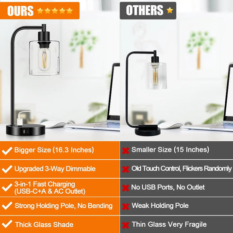 Comparison of our 16.3-inch black bedside lamp with USB ports and 3-way dimmable feature versus a competitor's lesser features