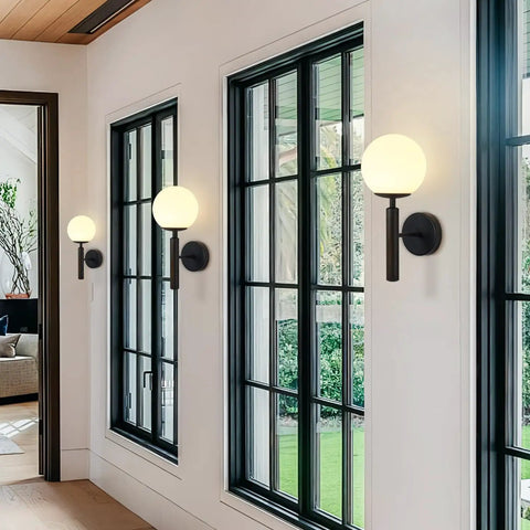Set of 2 Dope Black Globe Wall Sconces With Milk Glass Shades Modern Farmhouse Mid Century Wall Lights for Bathroom or Over Mirror