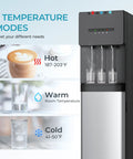 Bottom Loading Water Cooler Dispenser With Cold Warm And Hot Go To Settings For 5 Gallon Bottle LED Display Light And Child Lock Built For Home Office Apartment Black showing temperature modes.