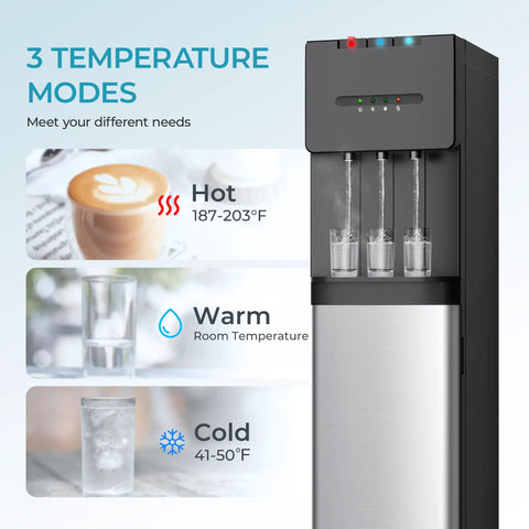 Bottom Loading Water Cooler Dispenser With Cold Warm And Hot Go To Settings For 5 Gallon Bottle LED Display Light And Child Lock Built For Home Office Apartment Black showing temperature modes.