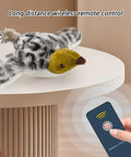 Motion Activated Plush Bird Toy For Indoor Cats With Realistic Sounds, Rechargeable Interactive Pet Toy That Auto Starts, Quiet Hands Free Playtime Buddy For Curious Cats And Busy Owners, remote control shown