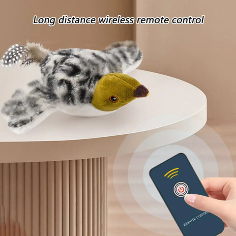 Motion Activated Plush Bird Toy For Indoor Cats With Realistic Sounds, Rechargeable Interactive Pet Toy That Auto Starts, Quiet Hands Free Playtime Buddy For Curious Cats And Busy Owners, remote control shown