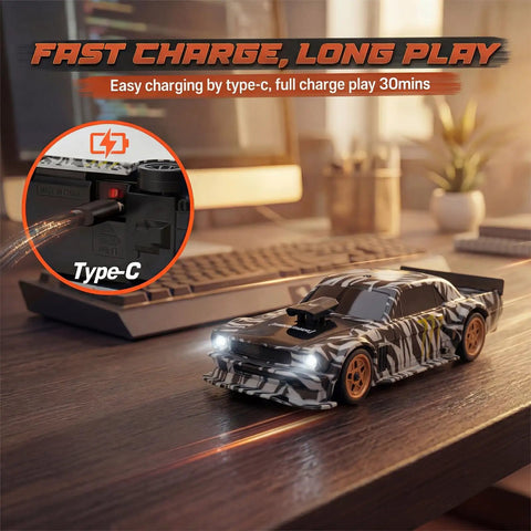 Mini 1/43 Scale Drift RC Car With Gyro And 2.4GHz Proportional Remote, fast charging on desk, camouflage finish