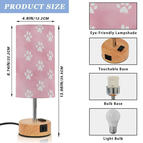 Dope Dog Paw Print Watercolor Bedside Lamp With 3 Way Dimmable Touch Control And Built In Charging Station, size details shown