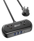 Six In One Charging Station with USB C and USB A Ports, two wide spaced 110V outlets, black, close-up view