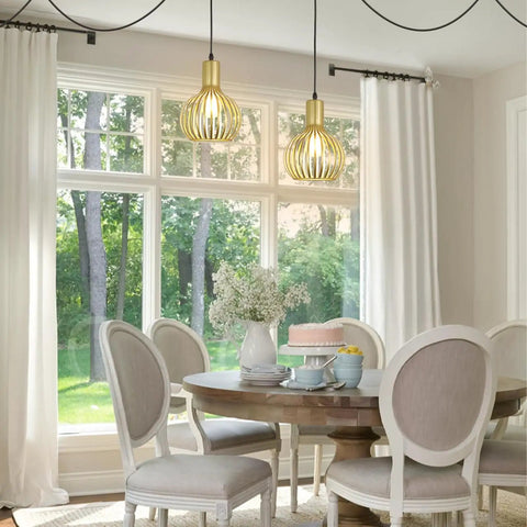 Gold Pendant Light Fixture With Adjustable Rope For E26 Bulbs over dining table in bright room, vintage farmhouse style, modern vibe