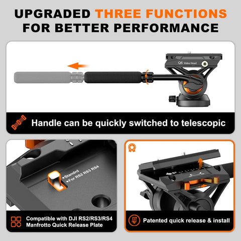Lightweight Aluminum Video Camera Monopod With Feet For Travel extends from 26 inches folded to 73 inches with Q6 Fluid Head