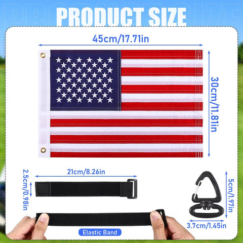 Two Pack 12X18 Golf Cart Flags With American Flag Embroidery And Elastic Strap Bracket shown with dimensions