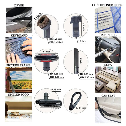 All-In-One Vacuum Attachment Kit With Six Must-Have Tools Like Dust Brush, Upholstery Tool, Flexible Crevice Tool, Crevice Tool, Utility Nozzle With Brush, And Brush Nozzle Combo, Plus A Universal Adapter For Most Home Vacuums displayed with usage examples on various surfaces including car interior and furniture cleaning, with detailed size dimensions.
