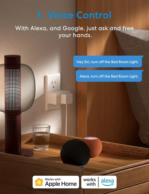 Smart Plug Mini With HomeKit Siri Alexa App Control Timers Energy Saving No Hub Needed 15A 2.4G WiFi on nightstand