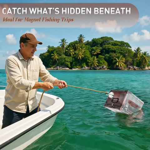 FINDMAG strong magnet with lifting eye on rope pulling a metal chest from turquoise sea near tropical island