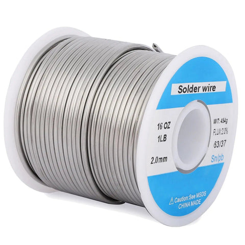 63/37 Tin Solder Wire, 2mm Diameter, 1 Pound Spool With Flux, coiled on a reel, for electrical soldering and repair.