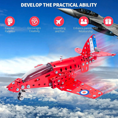 Hands On Airplane Model Kit For Kids And Teens 201 Piece Build Your Own Aircraft Toy STEM Educational Project For Ages 8 12 Clear Manual Gift For Boys And Girls Red shown against a sky backdrop.