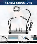 Helping Hands Soldering Station With Four Flexible Arms Five X Magnifying Glass Adjustable Light And Four Magnetic PCB Holders On A Large Non Slip Base For Precise Electronic Repair with stable structure and goose-neck arms.