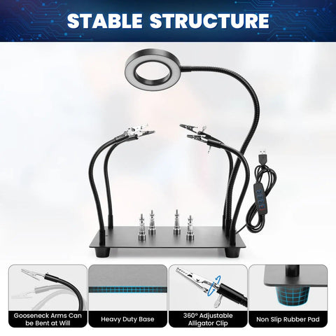 Helping Hands Soldering Station With Four Flexible Arms Five X Magnifying Glass Adjustable Light And Four Magnetic PCB Holders On A Large Non Slip Base For Precise Electronic Repair with stable structure and goose-neck arms.