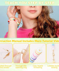 Girl demonstrating Starter Jewelry Making Kit With Thousands Of Polymer Clay Beads And Charms For Bracelets And Diy Jewelry Super Easy To Use Arts And Crafts Gift For Kids Ages 6 To 13 with tutorial steps.