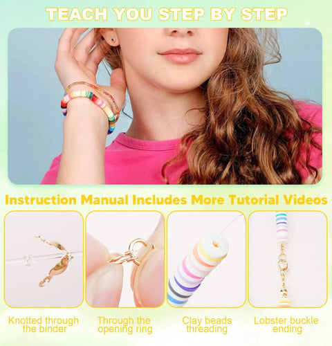 Girl demonstrating Starter Jewelry Making Kit With Thousands Of Polymer Clay Beads And Charms For Bracelets And Diy Jewelry Super Easy To Use Arts And Crafts Gift For Kids Ages 6 To 13 with tutorial steps.