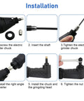 Installation steps for the Heavy Duty Right Angle Converter Kit for Rotary Tools, showcasing components and assembly.