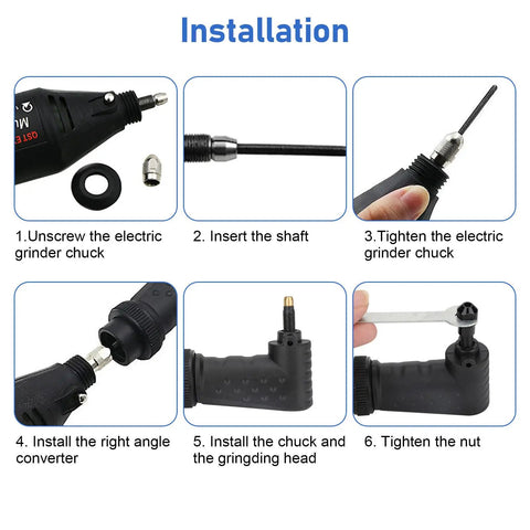 Installation steps for the Heavy Duty Right Angle Converter Kit for Rotary Tools, showcasing components and assembly.