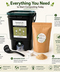 Indoor Bokashi Composting Starter Kit with 2.2 lb Premium Bokashi Bran, black bucket, spigot, scoop, and stirrer, for kitchen use