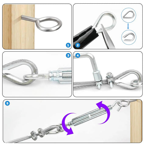 Three Sixteenth Inch Wire Rope Tensioner Kit With 100 Foot PVC Coated Steel Cable 7x7 Strand Core Turnbuckles Eye Screws