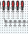 Pegboard Screwdriver And Tool Holder Rack Set With Six Ring Style Hooks For Pliers And Small Tools, shown on pegboard