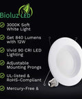 Eight Pack LED Recessed Ceiling Lights For Five To Six Inch Fixtures 12W Low Watt 90 CRI Dimmable 840 Lumen Energy Saving Retrofit Kit UL Listed JA8 CEC 2016 Title 20 Damp Location Baffled Trim product details.