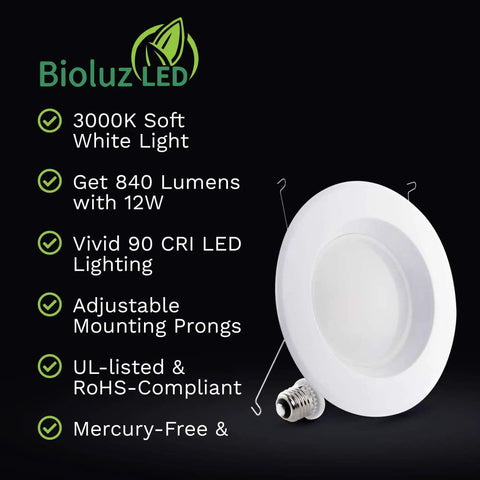 Eight Pack LED Recessed Ceiling Lights For Five To Six Inch Fixtures 12W Low Watt 90 CRI Dimmable 840 Lumen Energy Saving Retrofit Kit UL Listed JA8 CEC 2016 Title 20 Damp Location Baffled Trim product details.