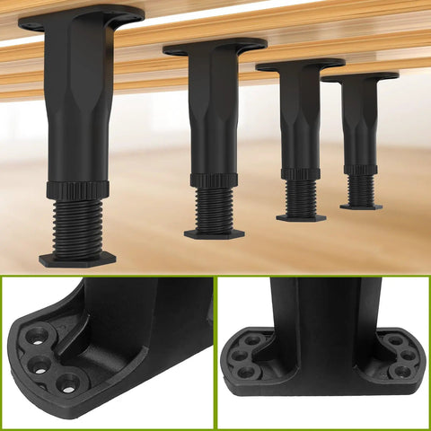 Heavy Duty Adjustable Bed Frame Support Legs Screw Mounted 8.3 To 14.5 Inches Four Pack showing black adjustable legs under slats.