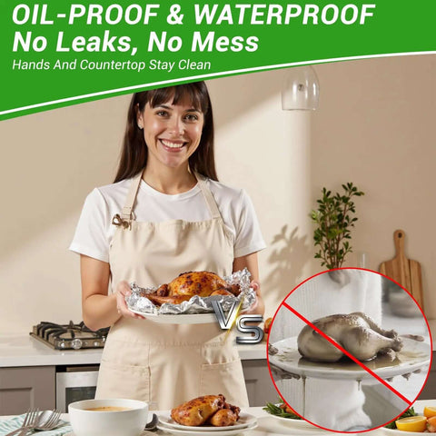 Woman holding chicken wrapped in Grab And Go Pre Cut Pop Up Aluminum Foil Sheets 400 Count 12 By 10.6 Inches for mess-free cooking.
