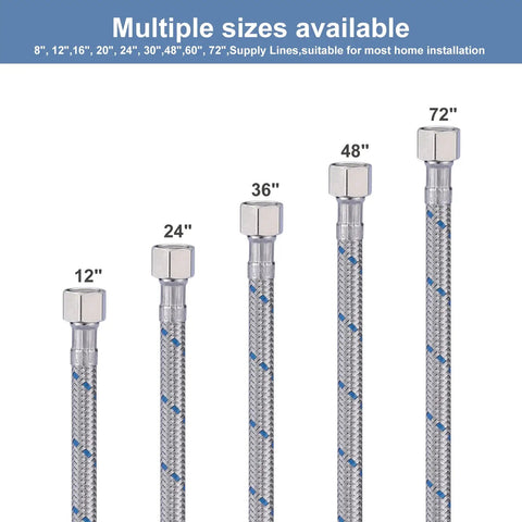 Straight Up Heavy Duty Faucet Supply Lines 3/8 Inch To 3/8 Inch Female Compression Thread showing various lengths from 12 to 72 inches.