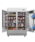 Heavy Duty Workhorse 54 Inch Commercial Freezer Offering 49 Cu Ft Capacity With Double Solid Doors and Stainless Steel, showcasing frozen food storage.