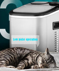 Keep It Cool Countertop Ice Maker With Self Cleaning Design And Whisper Quiet Operation For Fast Cube Production At Home Bars Or Weekend Hangouts In Smooth Black Or Crisp White next to a sleeping cat.