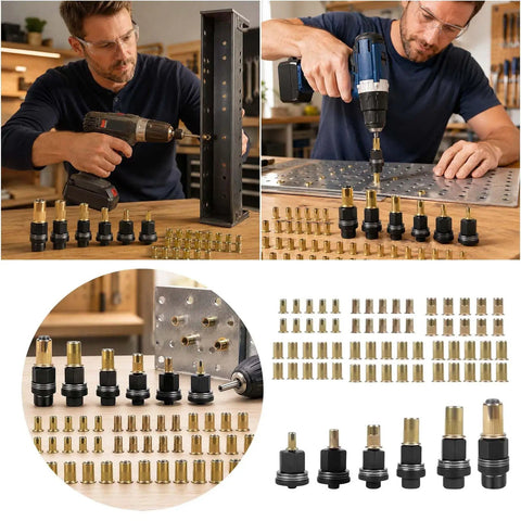 Six Rivet Nut Pliers And Sixty Press In Nuts Kit For M3 To M10 Rivet Nut Tool Set For Automotive Industrial Applications In Metal Farm And Agricultural Equipment All In One Retrofitting Kit, drill-mounted heads and brass inserts