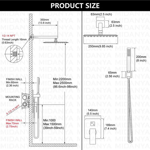 Technical diagram of Wall Mount Shower System With Square Rain Head And Hand Sprayer Includes Rough In Valve Body And Trim Kit 10 Inch Chrome Finish Modern Spa Vibe For Home Bathrooms Easy Install And Reliable Water Flow showing dimensions.