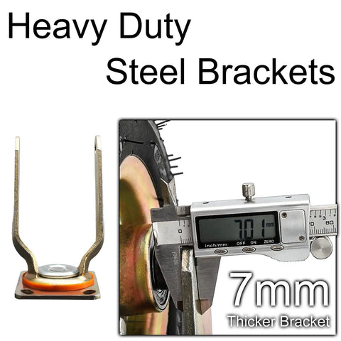 Pro Grade Heavy Duty Industrial Casters With Thick Pneumatic Rubber Tires Available In 8 Inch Or 10 Inch Swivel Brake Caster Pack measuring 7mm thick steel brackets.