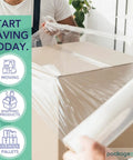 Four Rolls Clear Stretch Wrap Film 18 Inch By 1500 Feet Heavy Duty Cling Wrap For Moving Packing Shipping And Storage Of Boxes And Furniture Bulk Pack Industrial Strength photos showing four rolls of stretch wrap on a cardboard box used for wrapping and packing pallets and items.